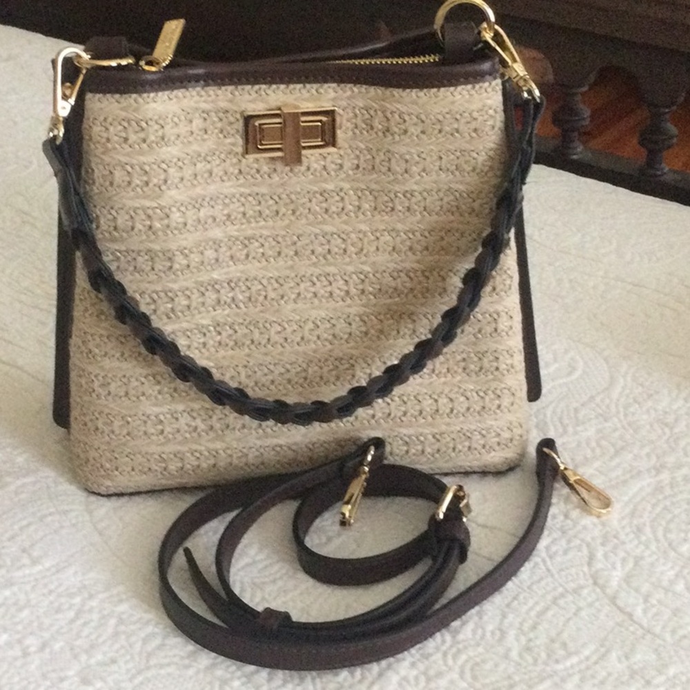 Woven Straw Crossbody Bag with Dark Brown Trim